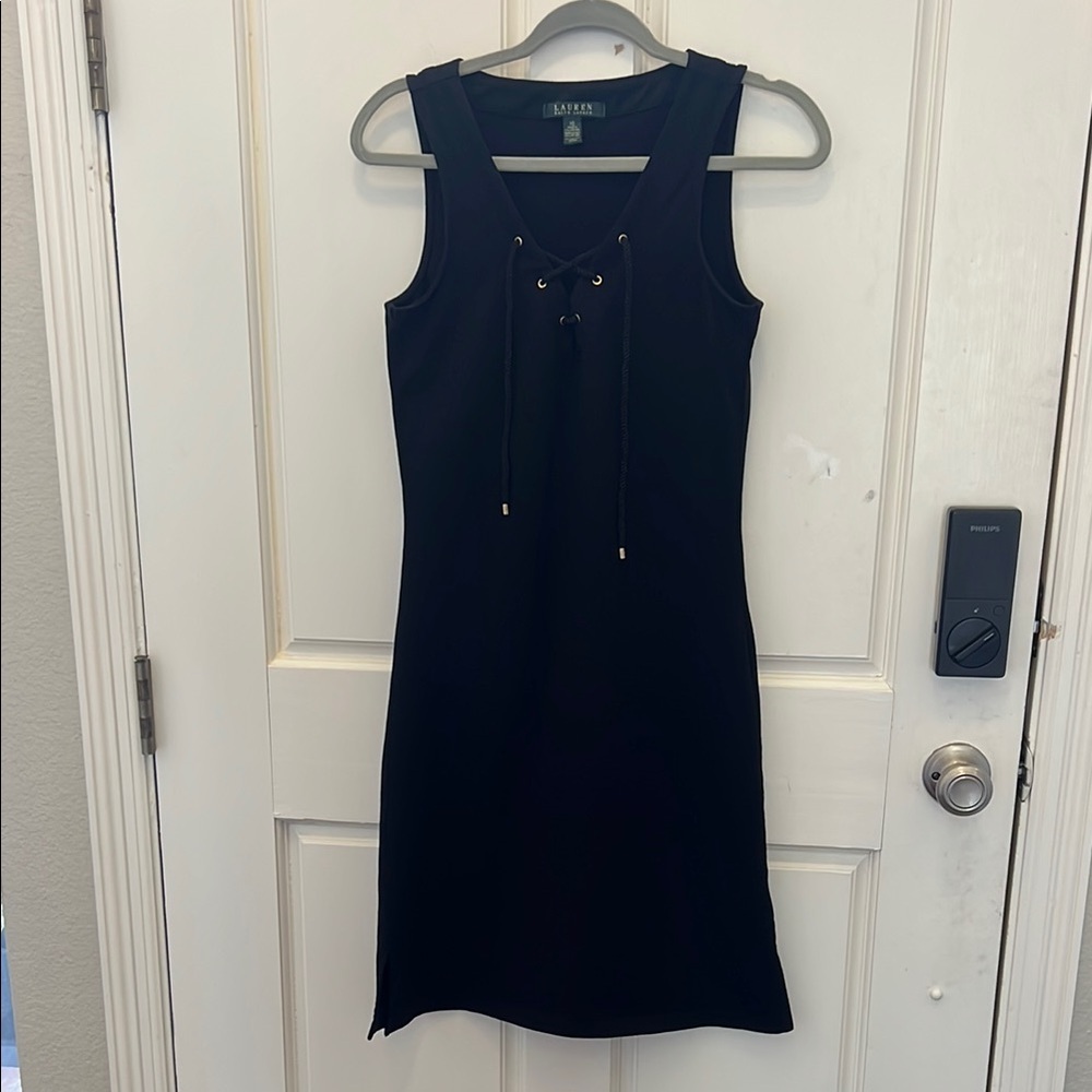 EUC Lauren Ralph Lauren Black mini dress with lace up gold grommets. XS